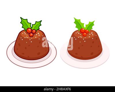 Traditional cartoon Christmas pudding with holly. Line cartoon drawing and flat color icon. Vector clip art illustration. Stock Vector