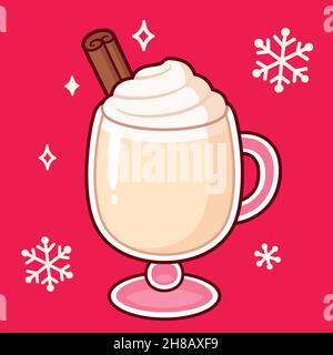 Eggnog glass with cinnamon and whipped cream on red background with snowflakes. Cute cartoon vector illustration of traditional Christmas drink. Stock Vector