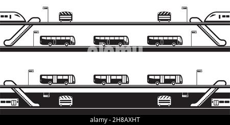 Replacement buses between railway stations - vector illustration Stock Vector