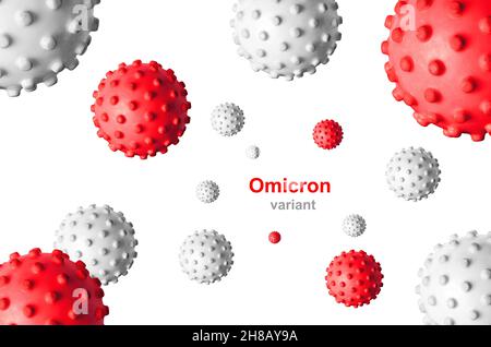 Omicron COVID-19 variant poster, 3d illustration. Coronavirus germs isolated on white background. Concept of science virology, danger, vaccine researc Stock Photo