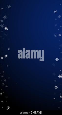 Sparse snowfall Christmas background. Subtle flying snow flakes and stars on dark blue background. Adorable winter silver snowflake overlay template. Stock Vector