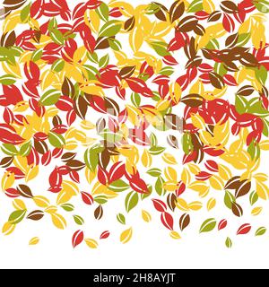 Falling autumn leaves. Red, yellow, green, brown chaotic leaves flying. Gradient colorful foliage on elegant white background. Awesome back to school Stock Vector