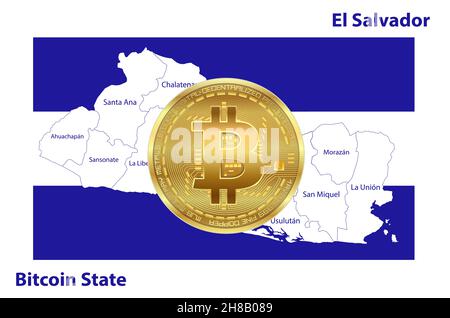 El Salvador flag with map and Bitcoin vector Stock Vector