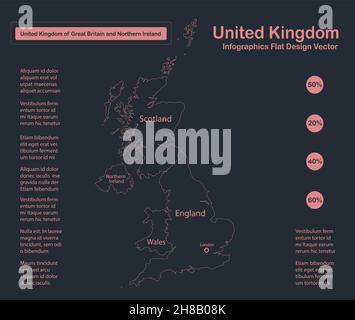 Infographics United Kingdom map outline, flat design, color blue orange vector Stock Vector