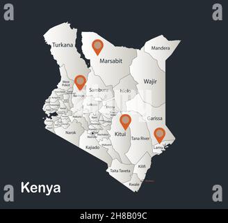 Kenya map, Infographics flat design colors snow white, with names of individual regions vector Stock Vector