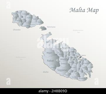 Malta map, administrative division with names, white blue card paper 3D vector Stock Vector