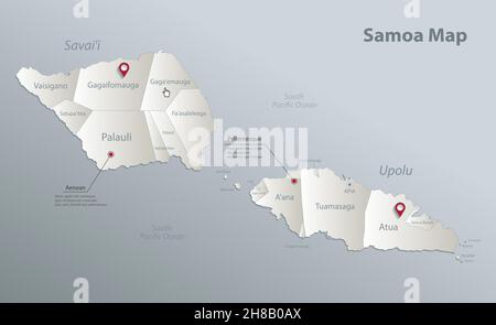Samoa map, administrative division with names, blue white card paper 3D vector Stock Vector