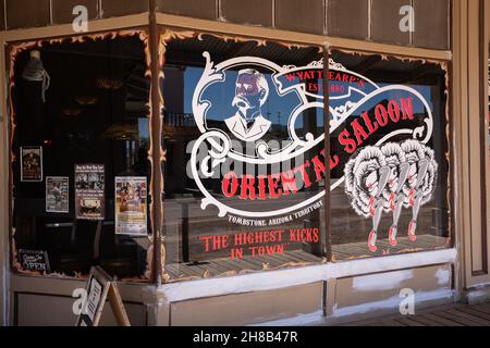 Tombstone, AZ - Oct. 9, 2021: Wyatt Earp's Oriental Saloon and Theater, in the historic Oriental Saloon, presents family-friendly indoor live gunfight Stock Photo