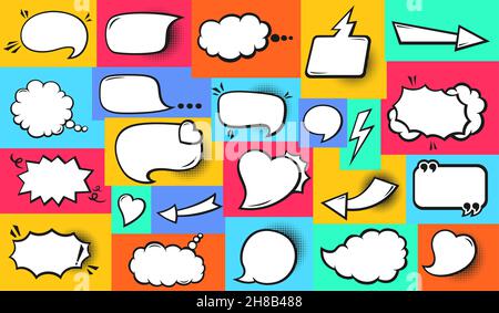 Speech bubble comic pop art set. Retro empty design elements dialog clouds, halftone dot bright background. Speech thought blobs comics book, vintage banner. Cartoon 80s-90s colorful vector Stock Vector