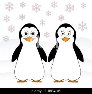 A pair of smiling penguins welcome a winter holiday Stock Photo