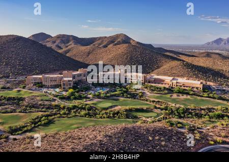 JW Starr Pass Marriott surrounded by golf courses and mountains.  Stock Photo