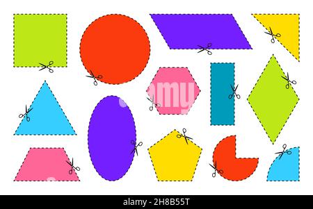 Colored geometric border with thin dotted line. Set of different shapes with cut lines. Open scissors for cutting math form. Cutout paper. Educational game for kids school Isolated vector illustration Stock Vector