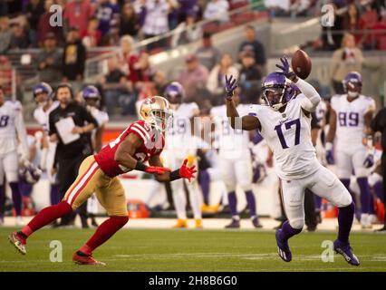 Minnesota Vikings wide receiver K.J. Osborn (17) runs up field during the  second half of an NFL football game against the Philadelphia Eagles,  Monday, Sept. 19, 2022, in Philadelphia. (AP Photo/Chris Szagola