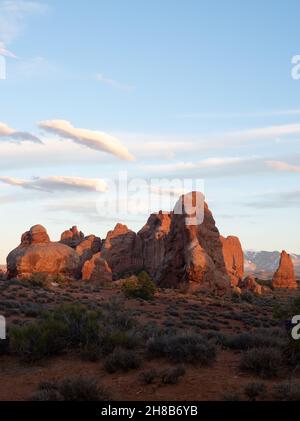 Orange colored sandstone rock formations near the North and South Windows in Arches National Park, Utah. Image has copy space. Stock Photo