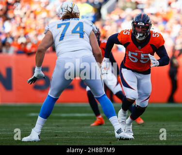 Denver Broncos outside linebacker Bradley Chubb (55) reacts to a defensive  stop against the Chicago Bears during the first half of an NFL football  game, Sunday, Sept. 15, 2019, in Denver. (AP