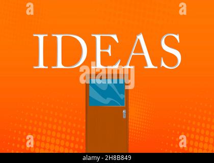 Ideas text with front door background. Store, Shop or Office front with poster. Idea, success, growth, creativity concept. Stock Vector