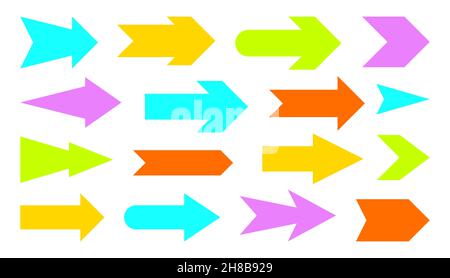 Arrow cursor sticker colorful pointer flat set. Colored scrapbook for typography or web design. Scrapbook pointer infographic working note. Kid attention sign. Direction bright icon isolated on white Stock Vector