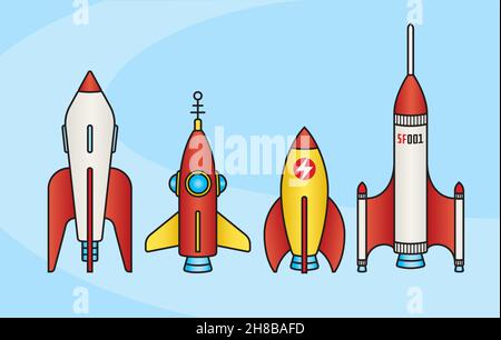 Set of retro science fiction rocket ship designs. Four super cool vintage style vector illustrations of classic mid-century outer-space rockets. Stock Vector