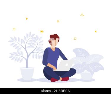 work time concept with business woman working on laptop sit on floor with modern flat style vector illustration Stock Photo
