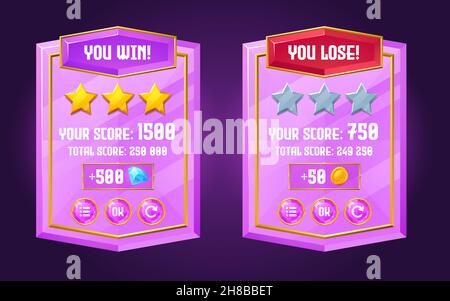 Game ui interface boards with level score, win and lose banners from purple crystal with golden frame. Vector cartoon set of gui elements, complete and failed level screens with gold stars and buttons Stock Vector