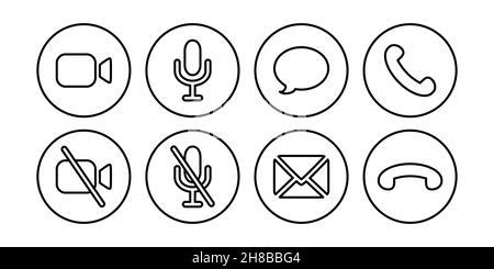 Virtual hangouts icons for conference call. On and off video, sound, message, mail and call icons isolated on white background. Outline vector Stock Vector