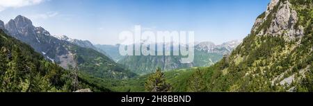 Big panorama of Albanian Alps from Valbona Pass in Albania Stock Photo