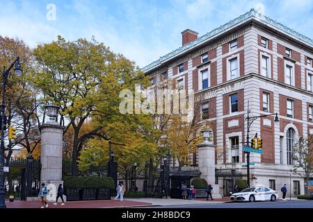 New York City, USA - November 15, 2021:  Gate to enter the campus of Columbia University from Amsterdam Avenue Stock Photo