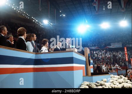 Former Governor Ronald Reagan (Republican of California), right, speaks from the podium at the 1976 Republican National Convention at the Kemper Arena in Kansas City, Missouri on Thursday, August 19, 1976.  Pictured from right to left: Governor Reagan; United States President Gerald R Ford, the 1976 Republican Party nominee for President of the US; Nancy Reagan; US Senator Bob Dole (Republican of Kansas), the 1976 Republican Party nominee for Vice President of the US; Elizabeth Dole, first lady Betty Ford, others.Credit: Arnie Sachs / CNP /MediaPunch Stock Photo