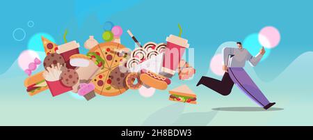 man running away from junk food assortment of fast food unhealthy nutrition junkfood addiction concept horizontal Stock Vector