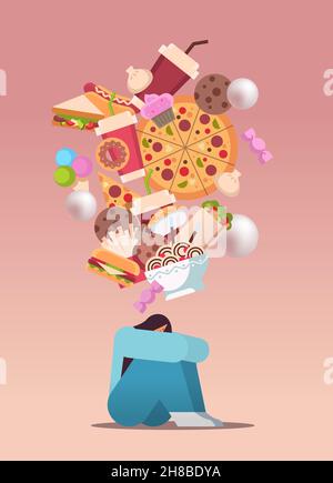 sad overweight woman thinking about junk food unhealthy nutrition junkfood addiction stop fast food concept Stock Vector