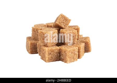Brown unrefined cane sugar cubes isolated on white background. Macro shot heap refined sugar cubes isolated. Stock Photo