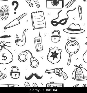 Detective seamless pattern. Hand drawn sketch doodle style crime background. Footprint, fingerprint, magnifier detective investigation pattern. Vector illustration. Stock Vector