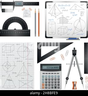 Science images set of mathematical and trigonometric stationery special instruments and solving records isolated vector illustration Stock Vector