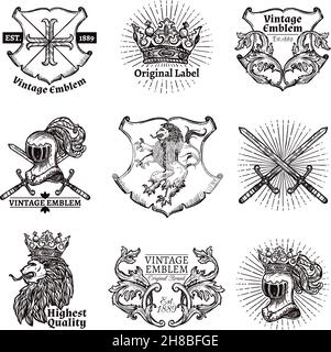 Heraldic grayscale isolated emblems set with crowns shields lions and swords in medieval style  vector illustration Stock Vector