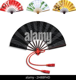 Realistic traditional oriental open folding fans set isolated vector illustration Stock Vector