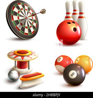 Game realistic icons set with bowling pinball billiard darts isolated vector illustration Stock Vector