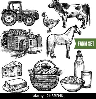 Black and white organic farm set with healthy food farm animals tractor and farmhouse on white background sketch hand drawn isolated vector illustrati Stock Vector