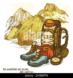 Trendy hand drawn hiking poster with boots compass and backpack on mountains landscape background vector illustration Stock Vector