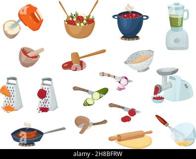 Cooking process set with kitchen stuff meat grinder whisk mortar grater rolling pin for dough isolated vector illustration Stock Vector