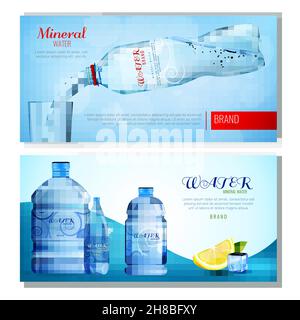 Horizontal banners with drinking water in plastic bottle, slice of lemon, ice cube isolated vector illustration Stock Vector