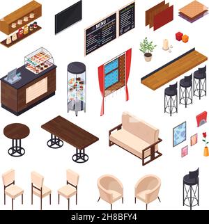 Cafe interior restaurant pizzeria bistro canteen isometric elements set of isolated furniture and shop display images vector illustration Stock Vector