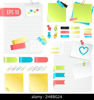 Colorful paper notes set in realistic style with pushpins adhesive tapes and paper clips isolated vector illustration Stock Vector