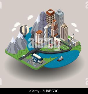Isometric city icon with buildings street skyscrapers and other ordinary elements like school church clinic vector illustration Stock Vector
