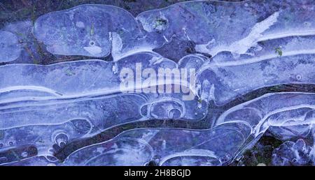 ice over puddle with cracks and patterns Stock Photo