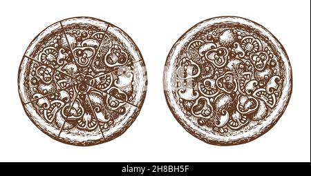 Italian pizza sketch. Pepperoni pizza sliced into pieces from above isolated on white background. Vector illustration Stock Vector