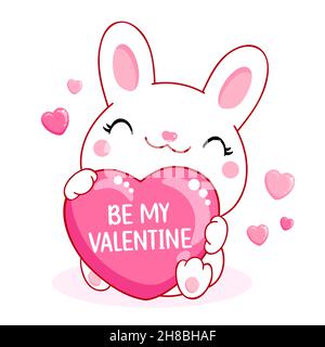 Cute Valentine card in kawaii style. Little white bunny with big pink heart. Inscription Be my Valentine. Can be used for t-shirt print, stickers, gre Stock Vector