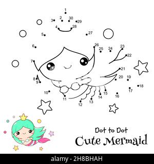 Connect The Dots and Draw Cute Mermaid. Dot to dot puzzle with cartoon little mermaid. Educational Game for Kids. Drawing for Preschool children.Vecto Stock Vector