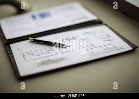 Drawings and charts of successful business, workplace of the businessman Stock Photo