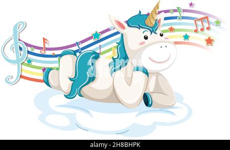 Unicorn laying on the cloud with melody symbols on rainbow wave ...