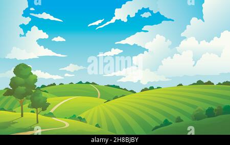 Summer field landscape. Nature hills fields blue sky clouds sun countryside. Cartoon green tree and grass rural land. Stock Vector